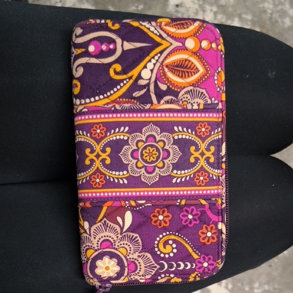 Vera Bradley Purple Floral Zip Wallet with Pink & Gold Accents